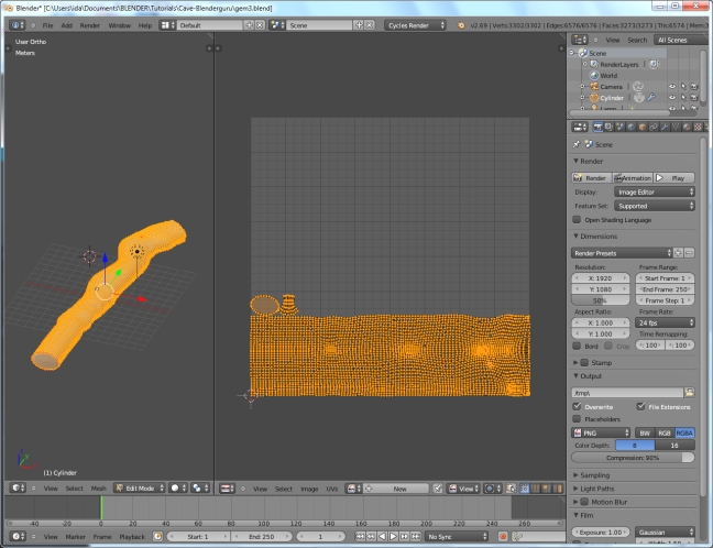 UV Mapping i Blender. 3D modellen av hulen er brettet flatt ut i ruten til høyre. 